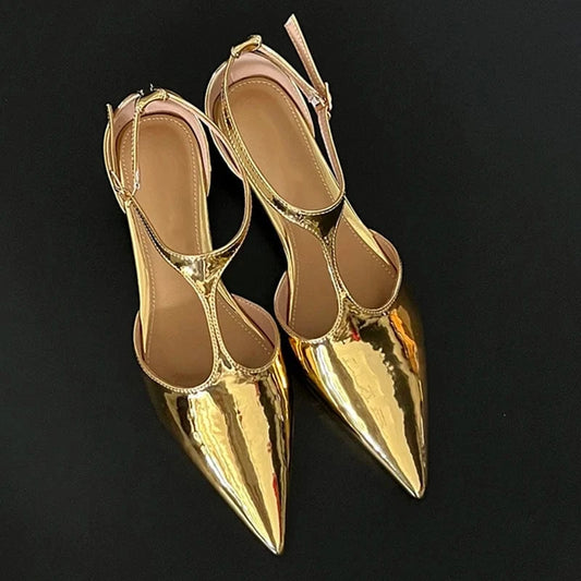Patent Leather Fashion Women Strange Style Gold pointed T-Strap Hollow Sandals Low Heel Buckle Pumps NEW 2023 Summer Lady Shoes