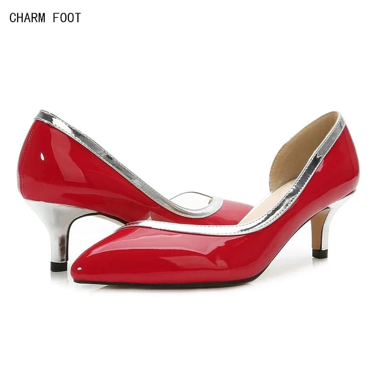 Patent leather with PVC stitching ladies heels