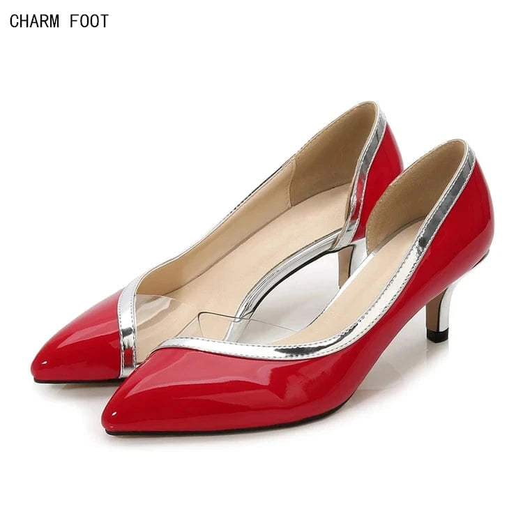 Patent leather with PVC stitching ladies heels