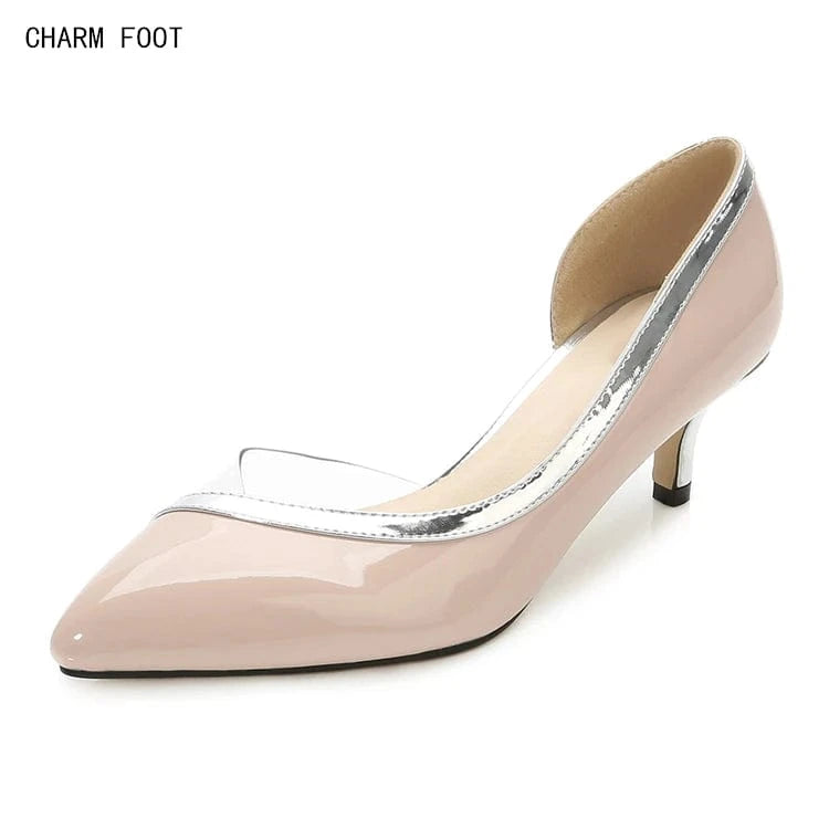Patent leather with PVC stitching ladies heels