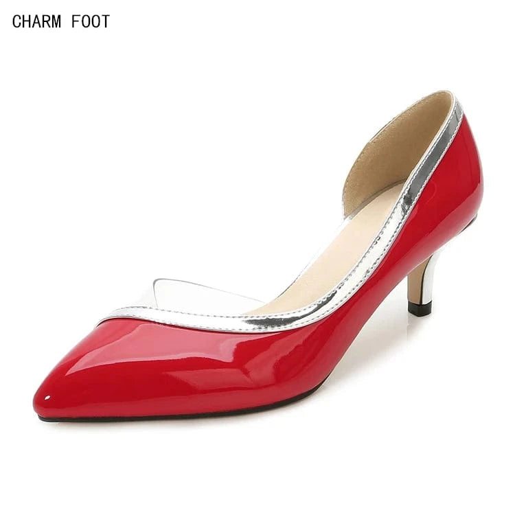 Patent leather with PVC stitching ladies heels