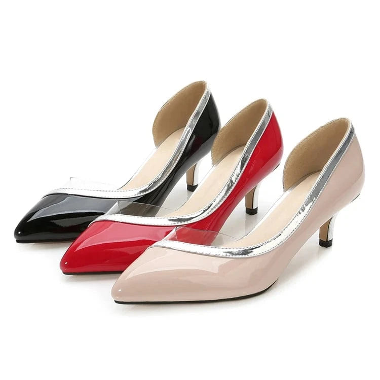 Patent leather with PVC stitching ladies heels