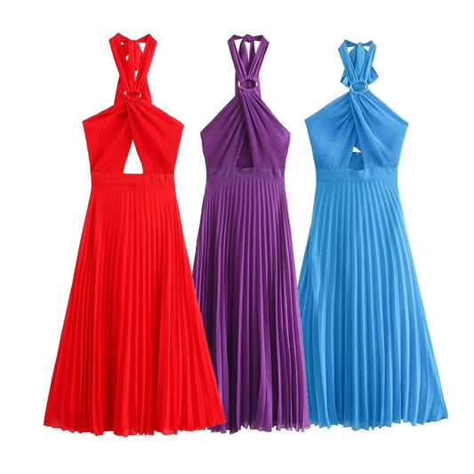 PB&ZA Women 2024 summer New Chic Fashion Small pleated collar Dress Vintage Sleeveless Female Dresses Vestidos robe Mujer