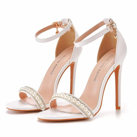 PDEP 11cm high heeled sandals pearl white ankle buckle strap stiletto heels fish mouth Roman  white wedding shoes for bride