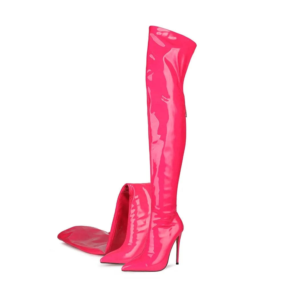 PDEP 2022 new style thigh high boots for women with zipper  bright color pink patent shining pu ladies over the knee  heel boots
