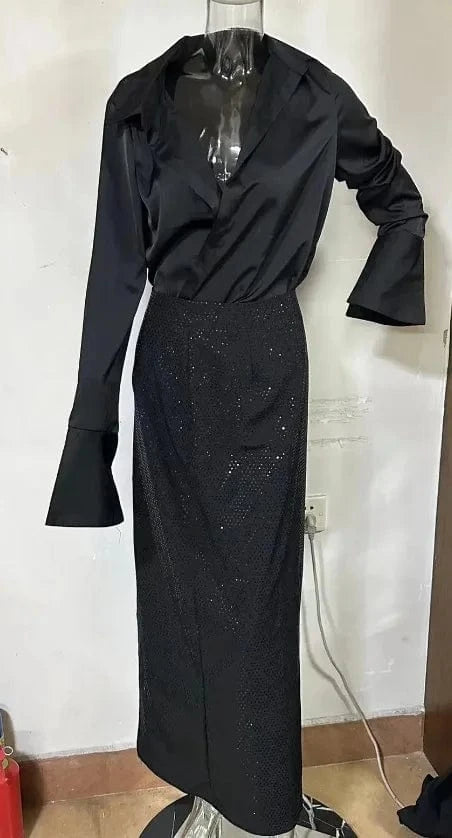 PDEP 2023 autumn new fashion black long sleeve heavy drill luxury beading sequin maxi party dress women lady elegant
