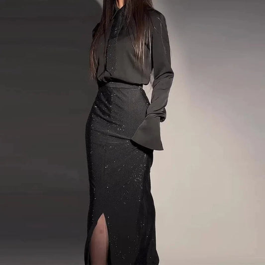 PDEP 2023 autumn new fashion black long sleeve heavy drill luxury beading sequin maxi party dress women lady elegant