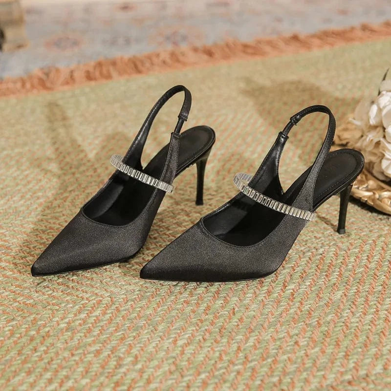 PDEP 2023 High heels sandals for ladies female black closed point toe sling back satin rhinestone stiletto heels shoes
