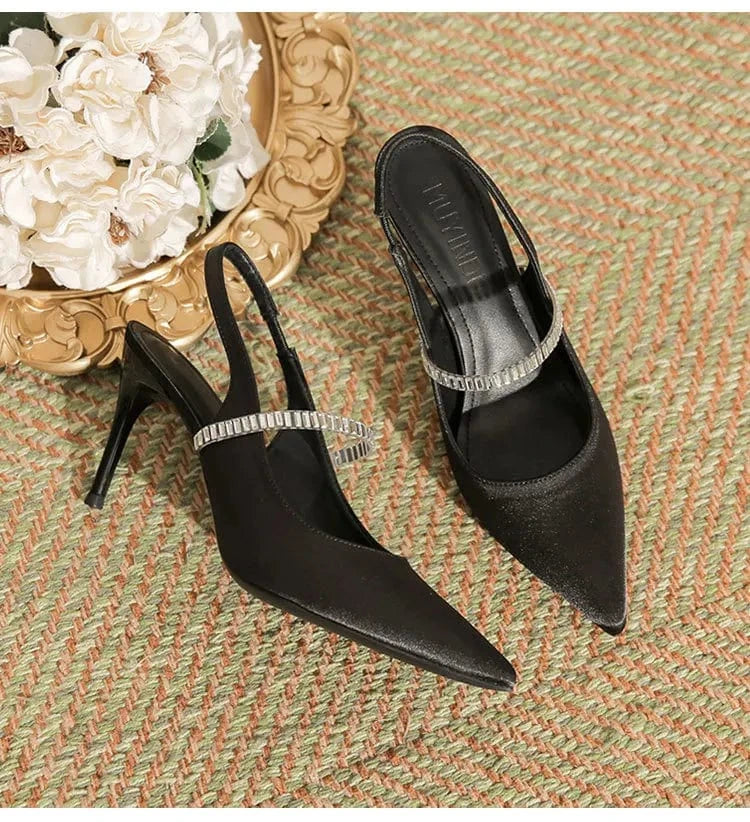 PDEP 2023 High heels sandals for ladies female black closed point toe sling back satin rhinestone stiletto heels shoes