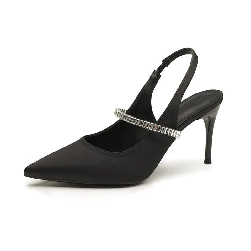 PDEP 2023 High heels sandals for ladies female black closed point toe sling back satin rhinestone stiletto heels shoes