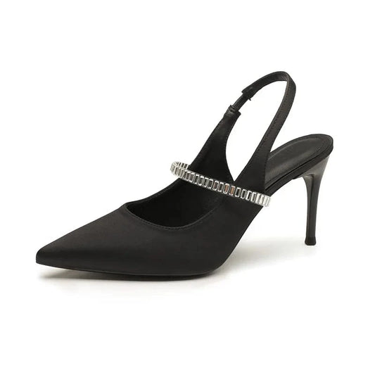PDEP 2023 High heels sandals for ladies female black closed point toe sling back satin rhinestone stiletto heels shoes
