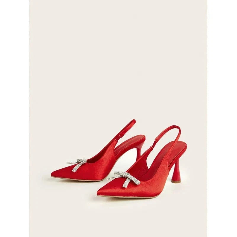 PDEP 2023 ladies new temperament stiletto bow closed elegant sling back point toe  satin women high heels shoes