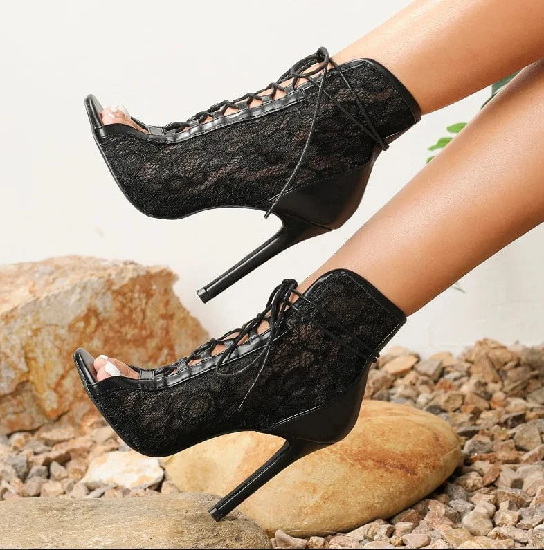 PDEP  2023 New Women's Shoes Hollow Lace Slim High Heels Open Toe Cool Boots heels sexy thin stiletto black heels for ladies