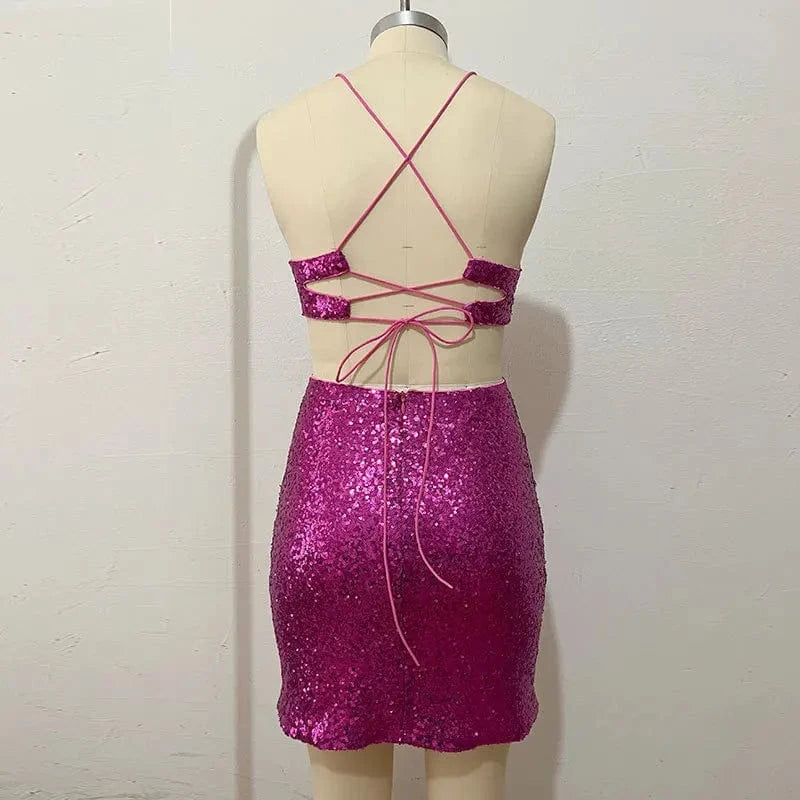 PDEP 2023  Sequin dress women  Sexy Celebrity Style Beaded V-Neck backless  Hollow cut out Strap mini club party Dress