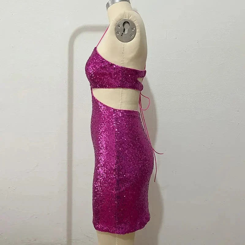 PDEP 2023  Sequin dress women  Sexy Celebrity Style Beaded V-Neck backless  Hollow cut out Strap mini club party Dress