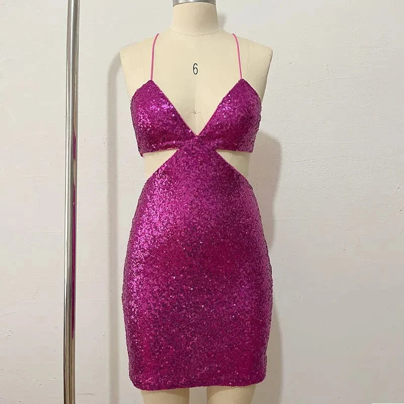PDEP 2023  Sequin dress women  Sexy Celebrity Style Beaded V-Neck backless  Hollow cut out Strap mini club party Dress