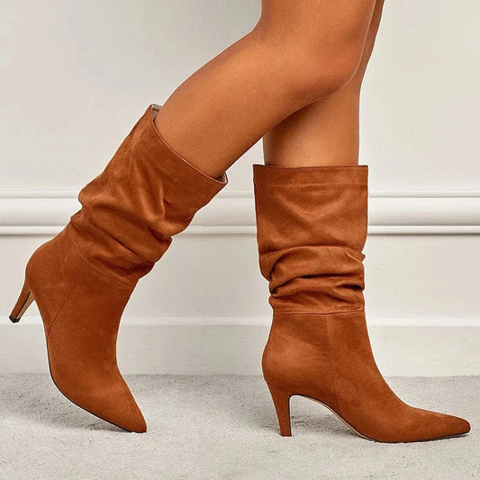 PDEP 2023 spring plus size catwalk wrinkled artificial suede stiletto heel boots  shoes for women  knee-high