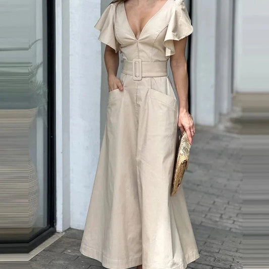 PDEP 2024 new V-neck solid colors ruffled sleeves long dress for women formal  dresses women lady elegant