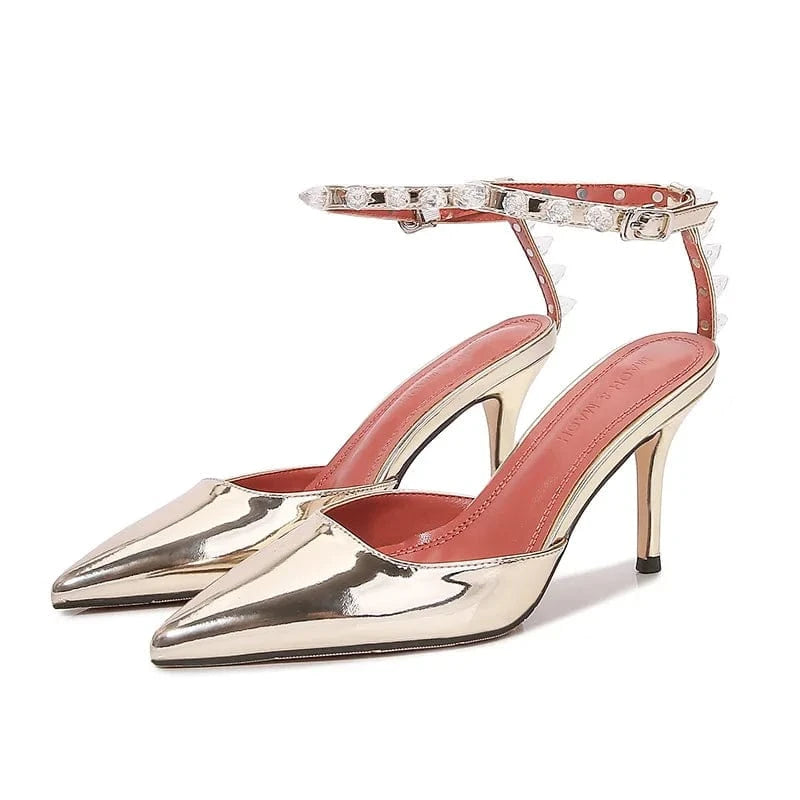 PDEP  closed  point toe high heels shoes for women  2023 new summer sandals thin stiletto heel silver women's shoes rhinestone