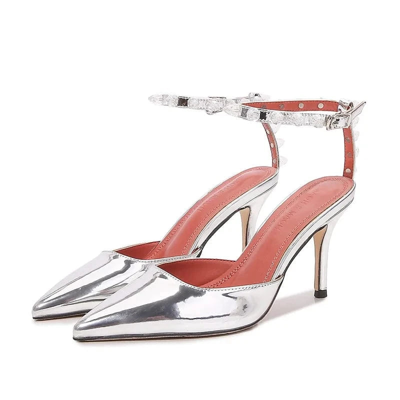 PDEP  closed  point toe high heels shoes for women  2023 new summer sandals thin stiletto heel silver women's shoes rhinestone