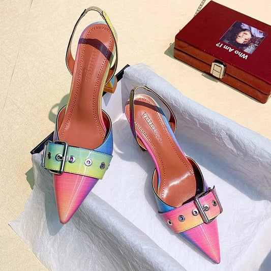 PDEP fashion designer casual pointed rainbow rivet high heels dress shoes for women buckle party low heel sandals for ladies