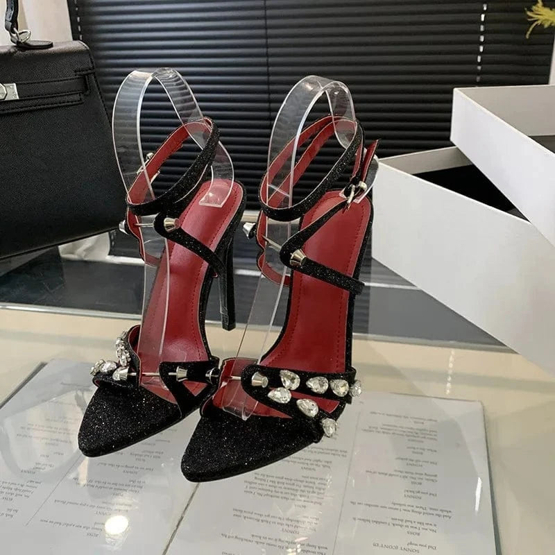 PDEP  fashion ladies high heels sandals buckle metal rhinestone anti-slip pointed open peep toe shoes women heels sexy