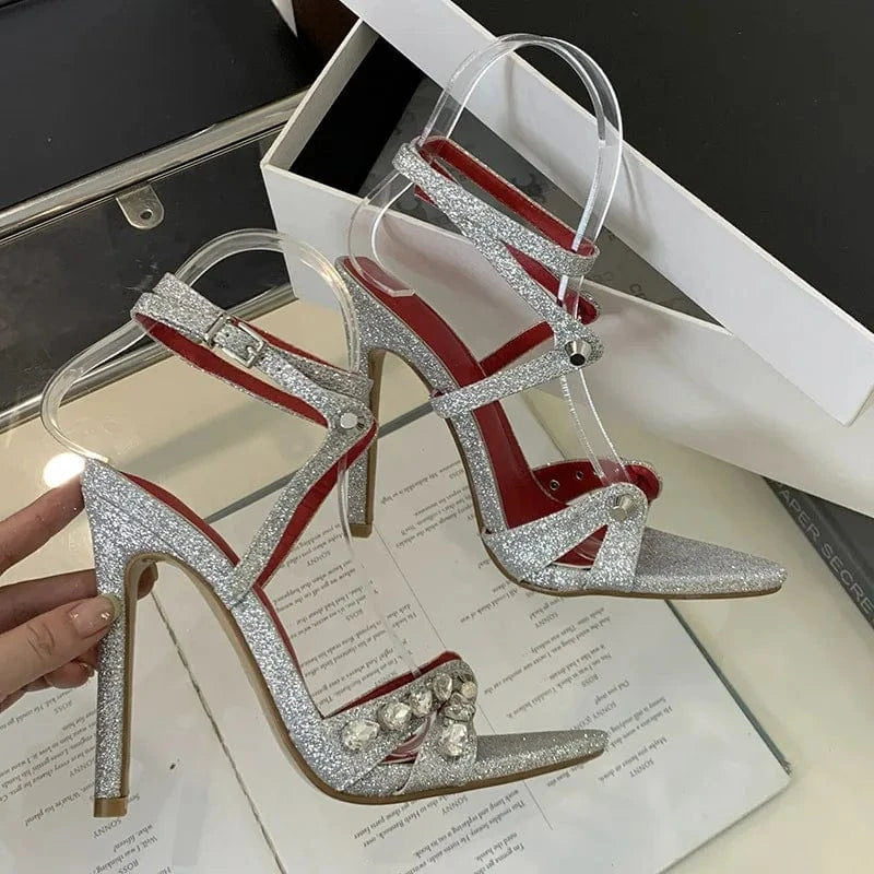 PDEP  fashion ladies high heels sandals buckle metal rhinestone anti-slip pointed open peep toe shoes women heels sexy