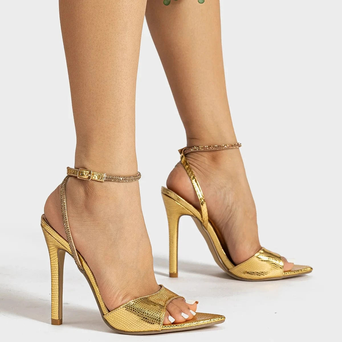 PDEP  high-heeled sandals female 2023 summer new thin heel PVC rhinestones gold ladies high heels sandales femme