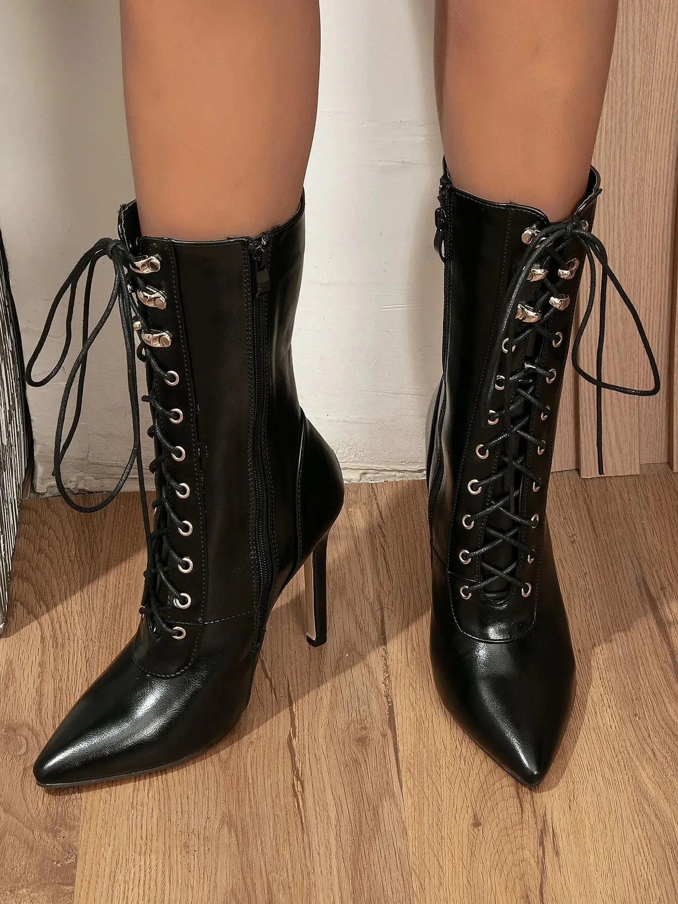 PDEP  ladies Large Strap High Heel boots  black thin stiletto heel Front Lace up Pointed Women Boots Winter