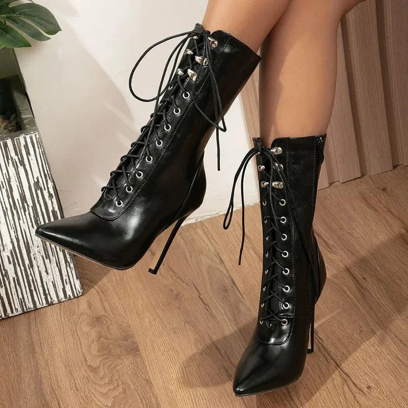 PDEP  ladies Large Strap High Heel boots  black thin stiletto heel Front Lace up Pointed Women Boots Winter