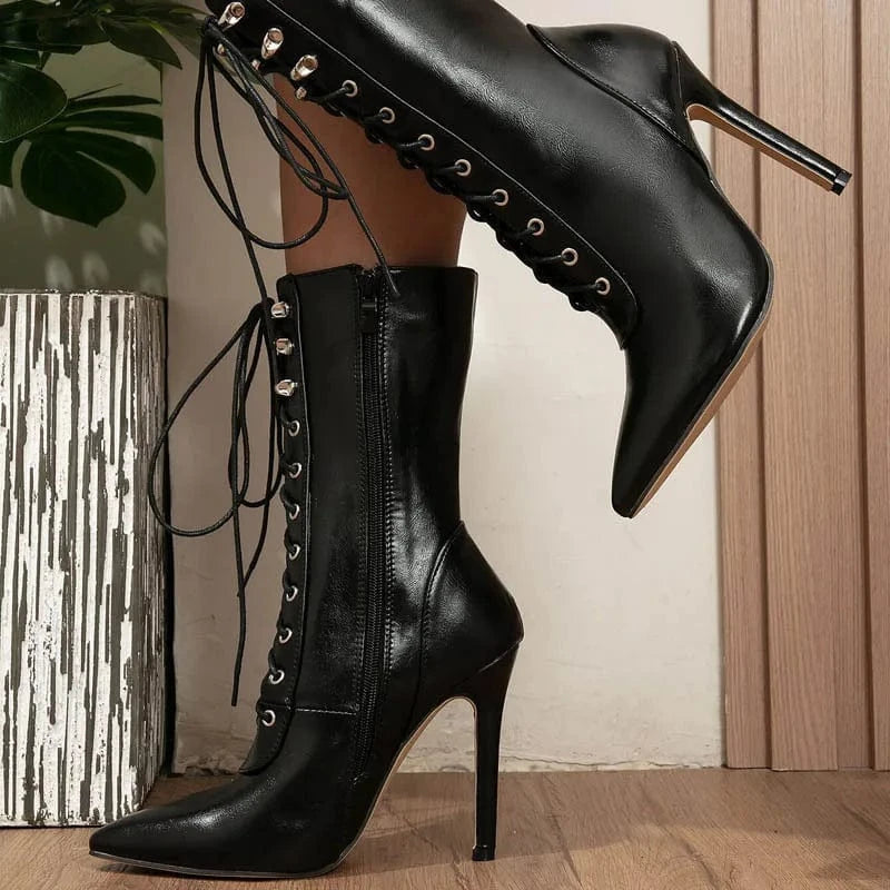 PDEP  ladies Large Strap High Heel boots  black thin stiletto heel Front Lace up Pointed Women Boots Winter