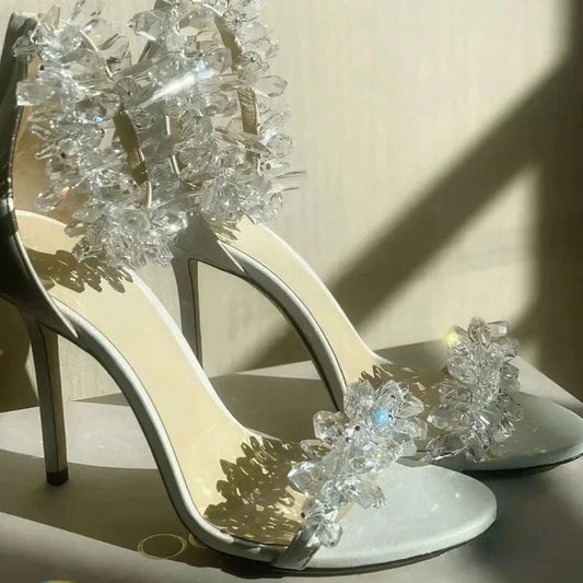 PDEP luxury crystal rhinestone ankle belt  high quality bridal wedding shoes stiletto white women lace up bridal heels