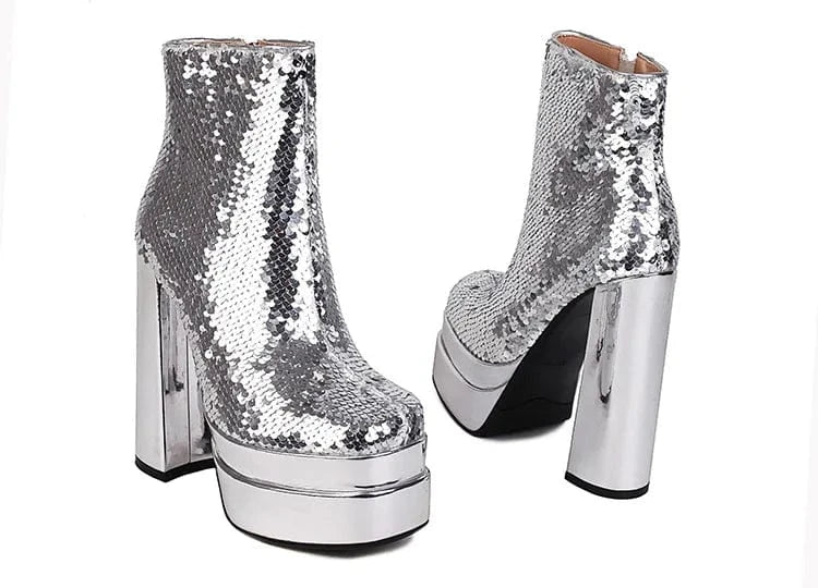 PDEP New short boots  platform 16cm high heel boots autumn and winter party new large size chunky sequin ladies ankle boots