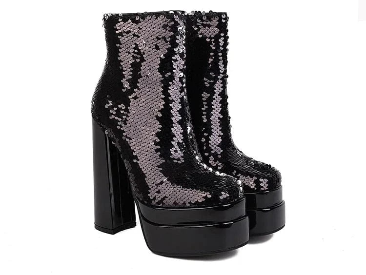 PDEP New short boots  platform 16cm high heel boots autumn and winter party new large size chunky sequin ladies ankle boots