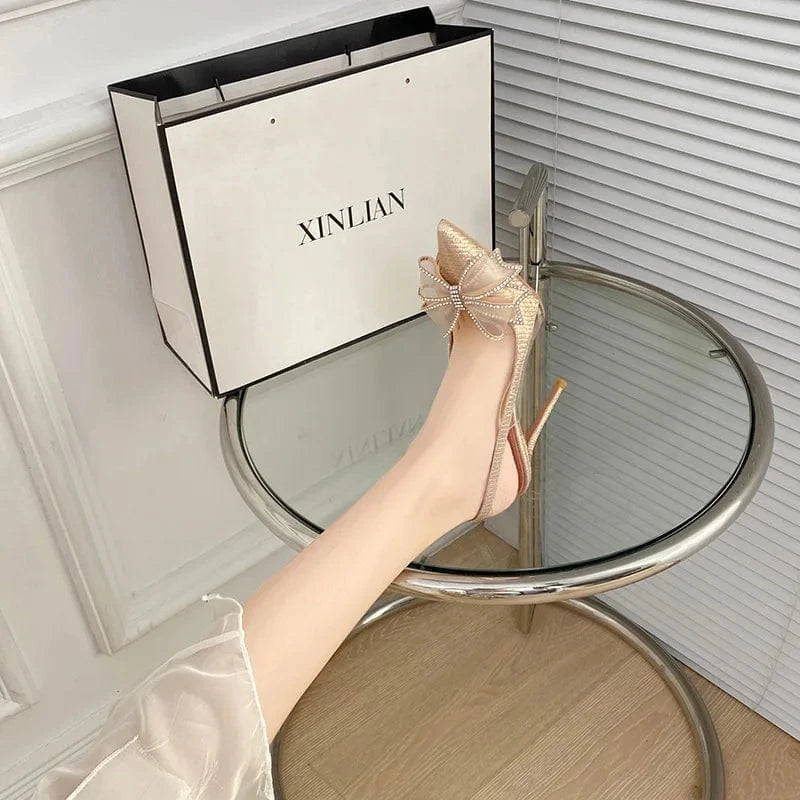 PDEP New stiletto point toe elegant bridal  wedding shoes sling back rhinestone bow sexy ladies high heels shoes 2023