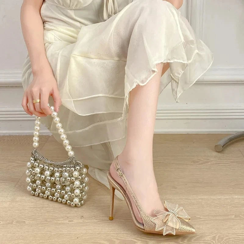 PDEP New stiletto point toe elegant bridal  wedding shoes sling back rhinestone bow sexy ladies high heels shoes 2023
