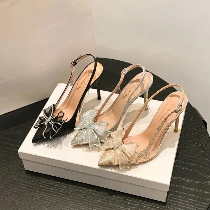 PDEP New stiletto point toe elegant bridal  wedding shoes sling back rhinestone bow sexy ladies high heels shoes 2023