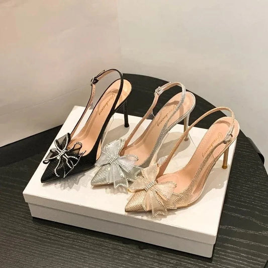 PDEP New stiletto point toe elegant bridal  wedding shoes sling back rhinestone bow sexy ladies high heels shoes 2023