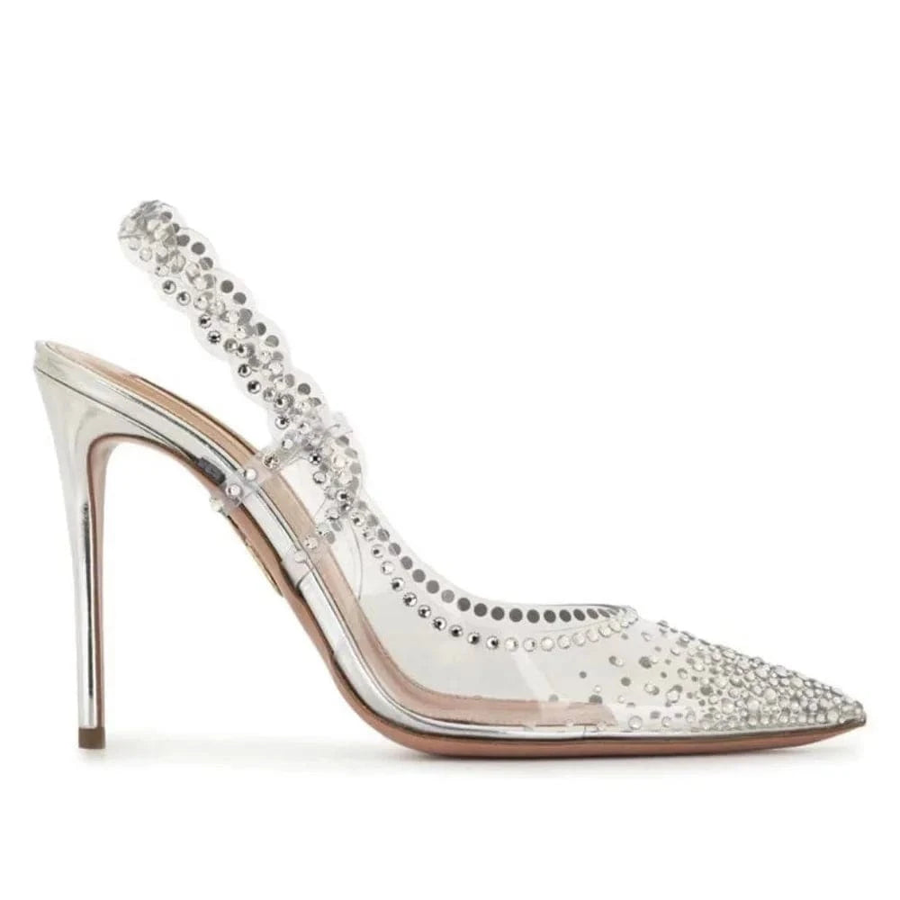 PDEP  point toe elegant transparent rhinestone silver fashion trend heel for women new stiletto ladies wedding shoes for bride