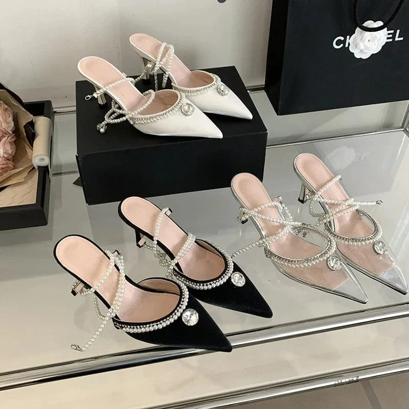 PDEP  point toe Sandals 2023 summer new ladies stiletto high heel shoes for women rhinestones Korean  pearl court pumps low heel