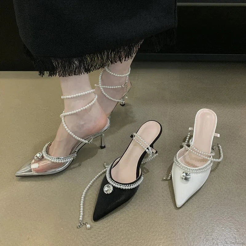 PDEP  point toe Sandals 2023 summer new ladies stiletto high heel shoes for women rhinestones Korean  pearl court pumps low heel