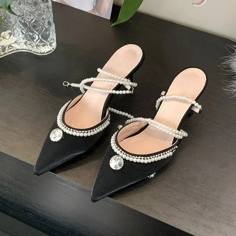 PDEP  point toe Sandals 2023 summer new ladies stiletto high heel shoes for women rhinestones Korean  pearl court pumps low heel