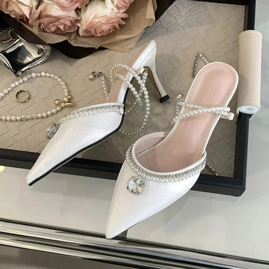 PDEP  point toe Sandals 2023 summer new ladies stiletto high heel shoes for women rhinestones Korean  pearl court pumps low heel