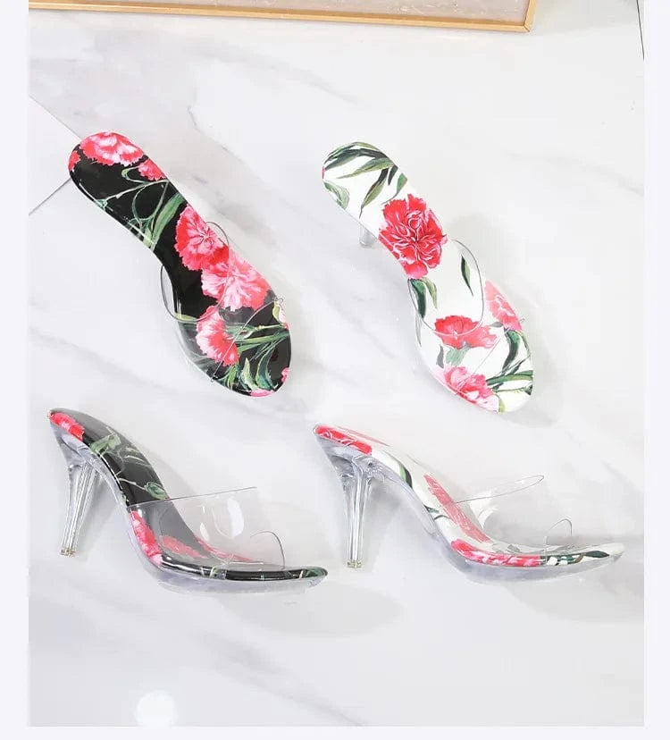 PDEP Round Head 8cm women's high Heel Sandals  slip on footwear Dress Shoes Flower Crystal Sexy transparent clear heel slippers