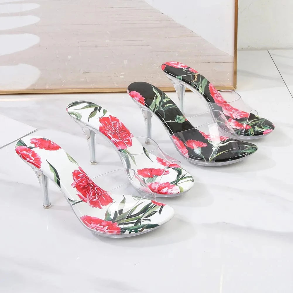 PDEP Round Head 8cm women's high Heel Sandals  slip on footwear Dress Shoes Flower Crystal Sexy transparent clear heel slippers