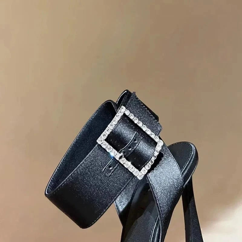 PDEP satin High heel shoes for women fashion sexy black closed point toe large size sling back ladies heels sandals