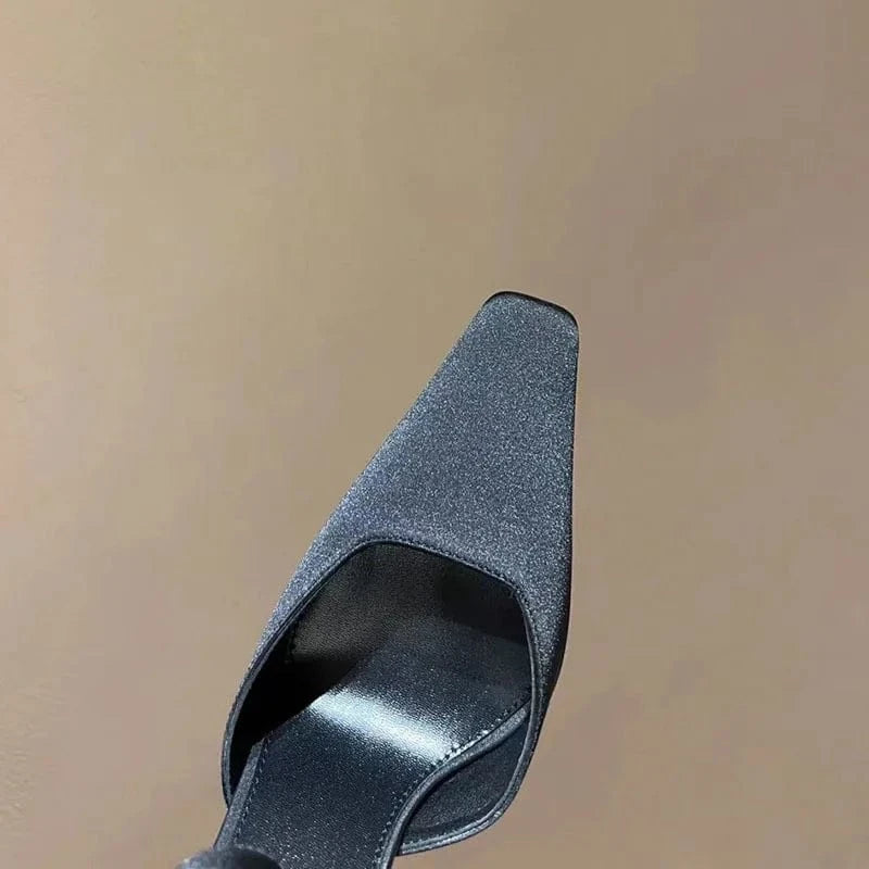 PDEP satin High heel shoes for women fashion sexy black closed point toe large size sling back ladies heels sandals