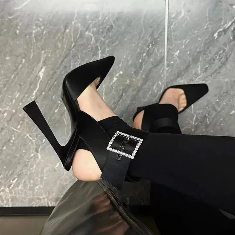 PDEP satin High heel shoes for women fashion sexy black closed point toe large size sling back ladies heels sandals