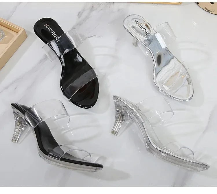 PDEP wholesale crystal PVC clear  transparent high heel slippers 6.5cm summer sandals for women and ladies