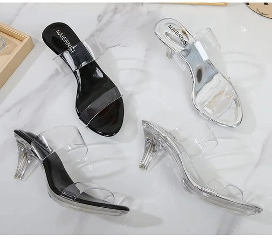 PDEP wholesale crystal PVC clear  transparent high heel slippers 6.5cm summer sandals for women and ladies